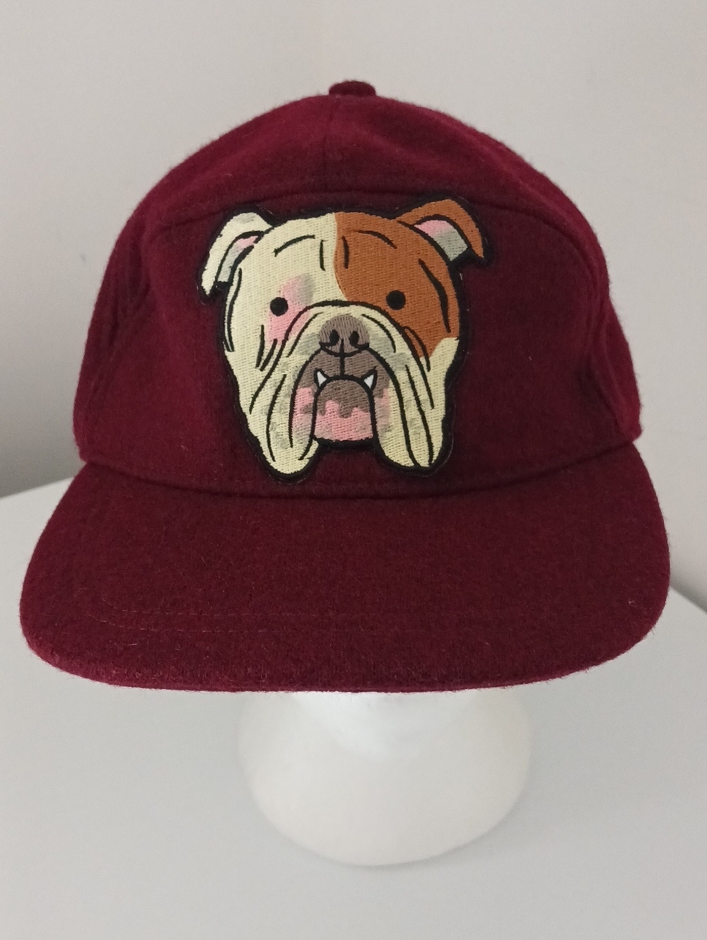 Roots Canada Wool Blend Burgundy Bulldog Patch Cap Hat Upcycled
